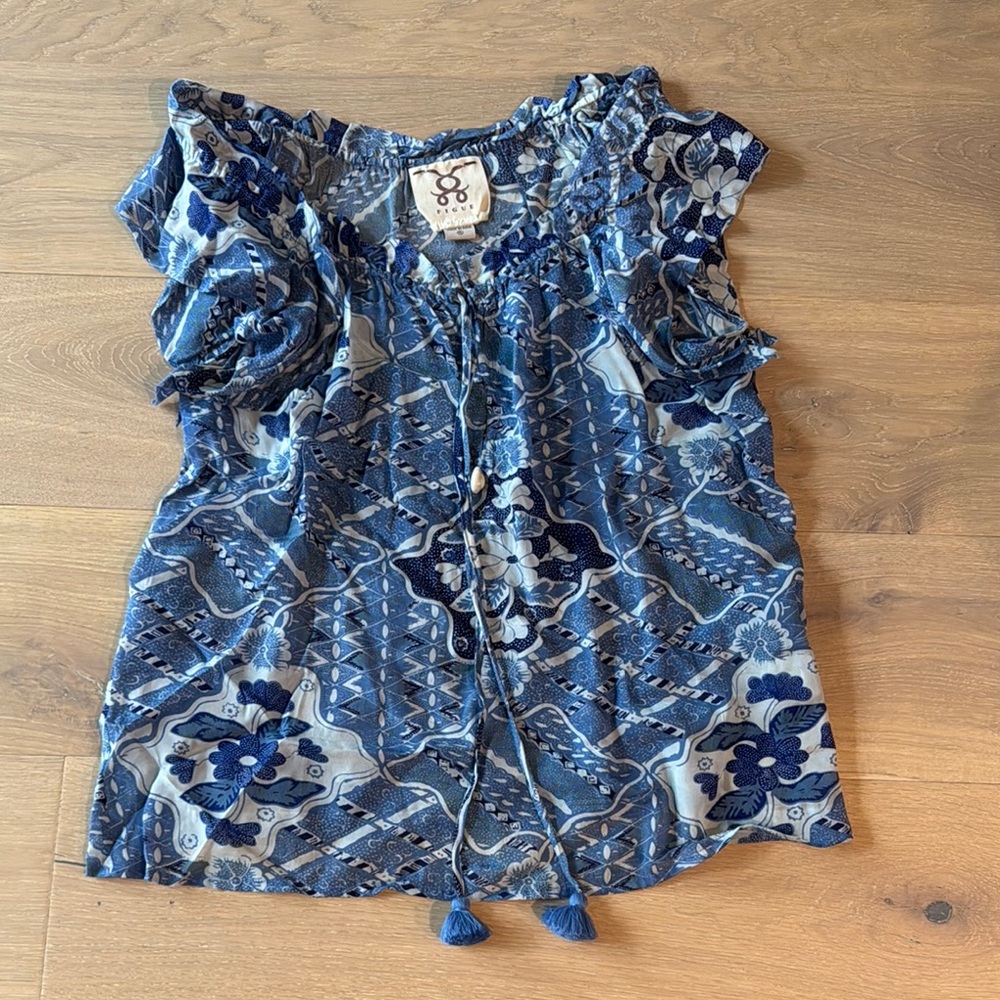 Blue and White Ruffled Cap Sleeve Tie Front Blouse